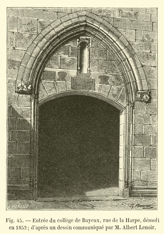 Inngang til Bayeux college, rue de la Harpe, revet i 1852; fra en tegning formidlet av M Albert Lenoir av French School