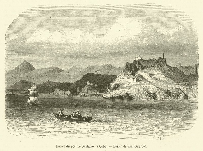 Entree du port de Santiago, til Cuba (gravering) av French School