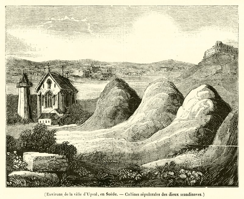 Omgivelsene rundt byen Uppsala, Sverige, gravhauger for de skandinaviske gudene (gravering) av French School