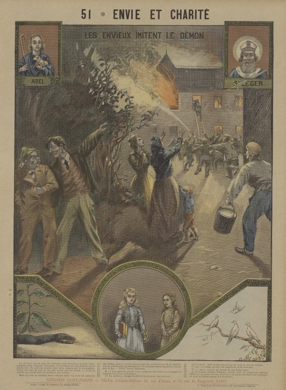 Misunnelse og veldedighet (farge litho) av French School