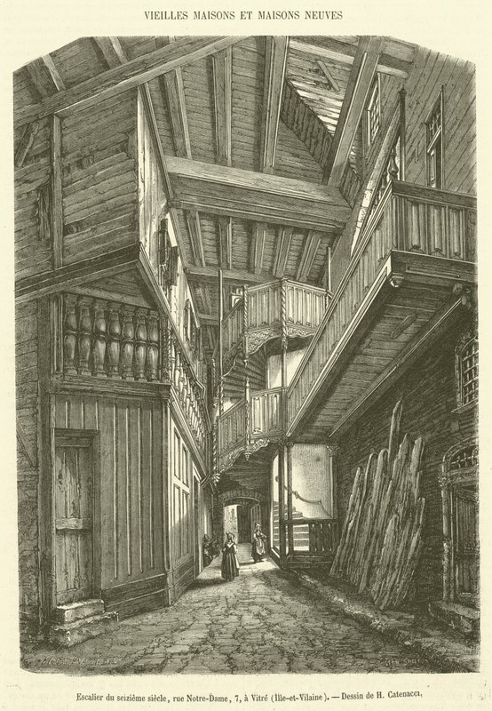 Trapp fra sekstende århundre, rue Notre-Dame, 7, i Vitre, Ille-et-Vilaine (gravering) av French School