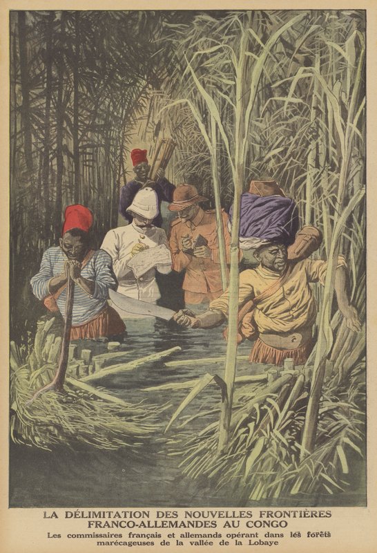 Etablering av grensen mellom franske og tyske territorier i Kongo (farge litho) av French School