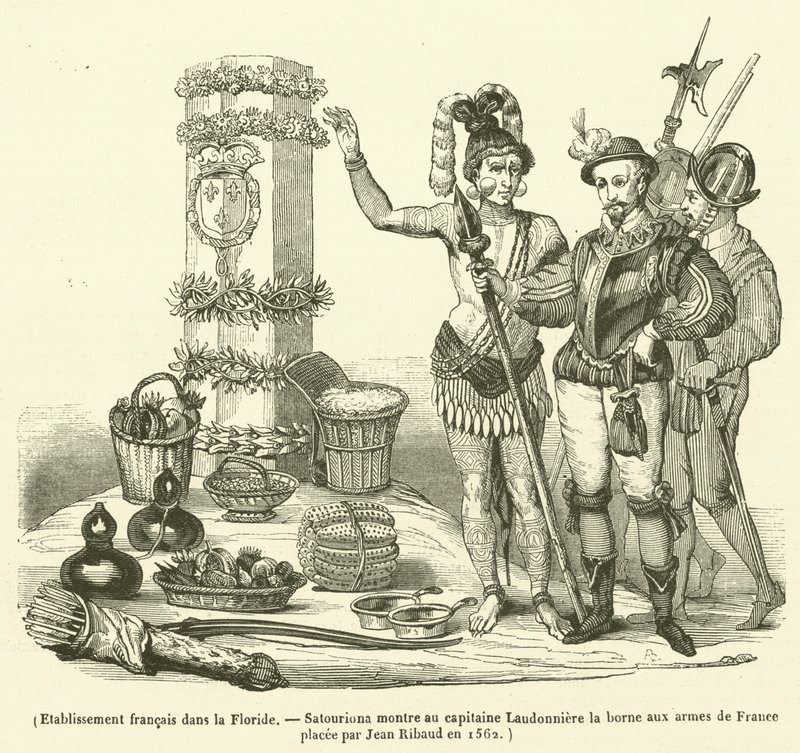Fransk etablering i Florida, Satouriona viser kaptein Laudonniere terminalen med armene til Frankrike plassert av Jean Ribaud i 1562 (gravering) av French School