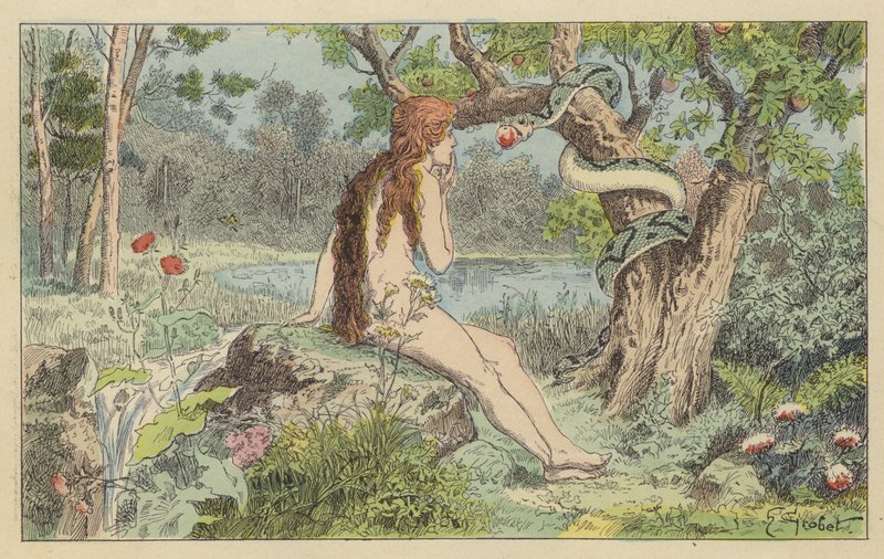 Eva fristet av slangen (farge litho) av French School