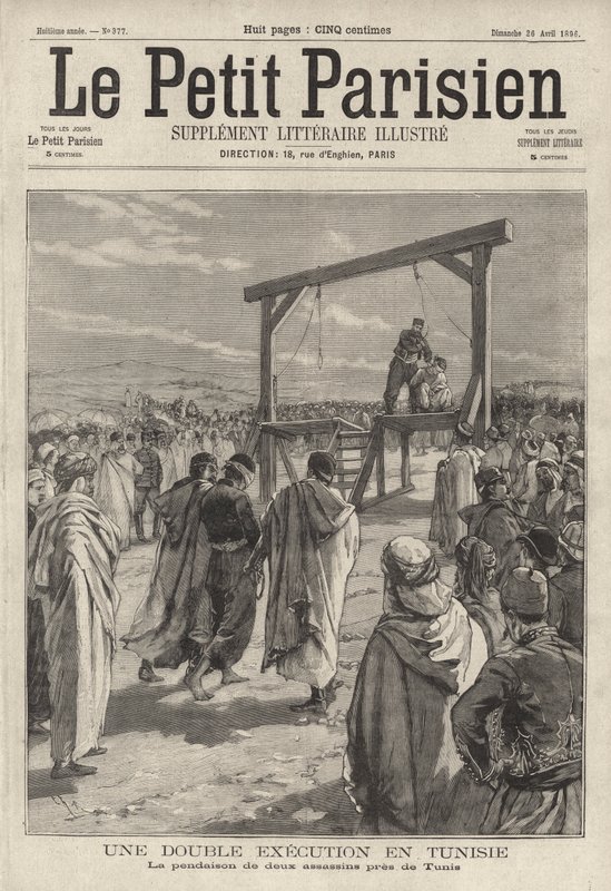 Henrettelse ved henging av to leiemordere nær Tunis, Tunisia (gravering) av French School