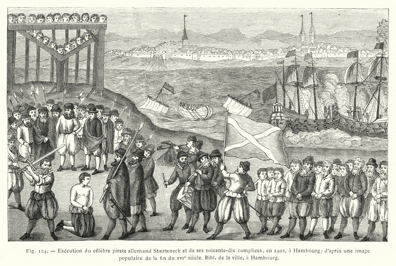 Henrettelse av den berømte tyske piraten Stoerteneck og hans sytti medskyldige, i 1402, i Hamburg; etter et populært bilde fra slutten av 1500-tallet, City Bibl, Hamburg (gravering) av French School