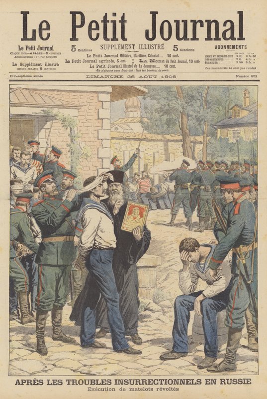 Henrettelse av russiske sjømenn som gjorde mytteri i august 1906 (farge litho) av French School