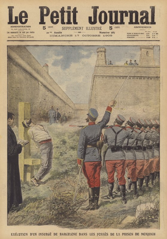 Henrettelse av en deltaker i opprørene i Barcelona i juli 1909 i Monjuich fengsel (farge litho) av French School