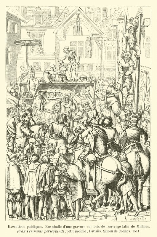 Henrettelser publiques, Fac-simile dune gravure sur bois de louvrage latin de Millaeus, Praxis criminis persequendi, petit in-folio, Parisiis, Simon de Colines, 1541 av French School