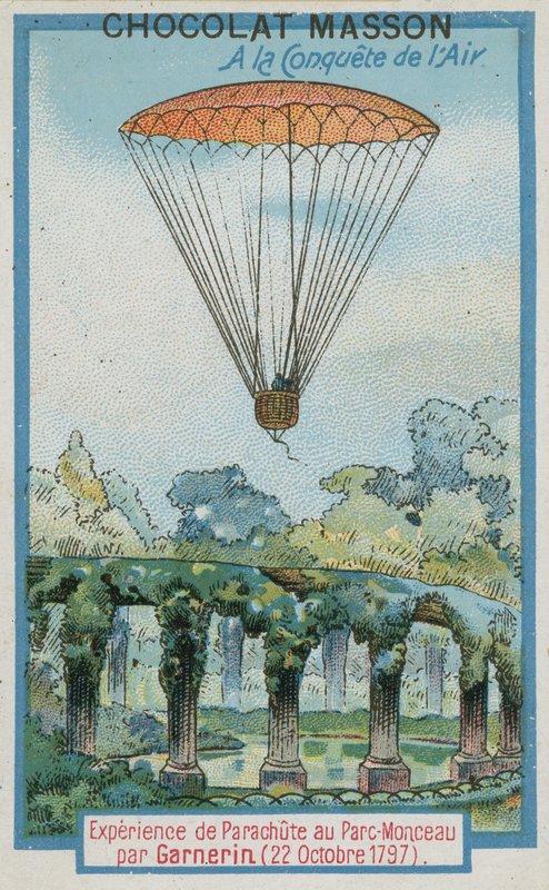 Eksperimenterer med fallskjermhopping ved Parc Monceau av Andre-Jacques Garnerin (22. oktober 1797) av French School