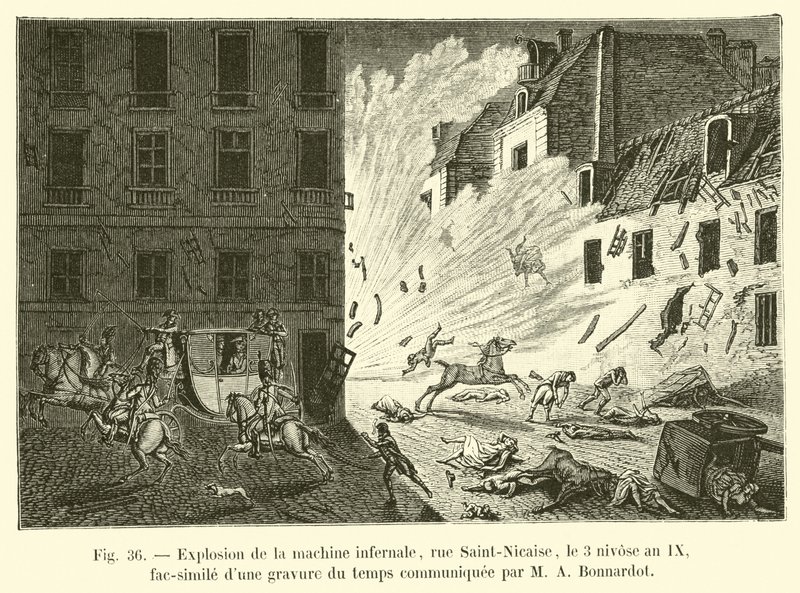 Eksplosjon av helvetesmaskinen, rue Saint-Nicaise, 3 Nivose, år IX, faksimile av en gravering fra tiden formidlet av MA Bonnardot av French School