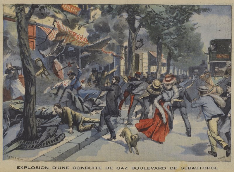 Eksplosjon av en gassledning i Boulevard de Sebastopol, Paris av French School