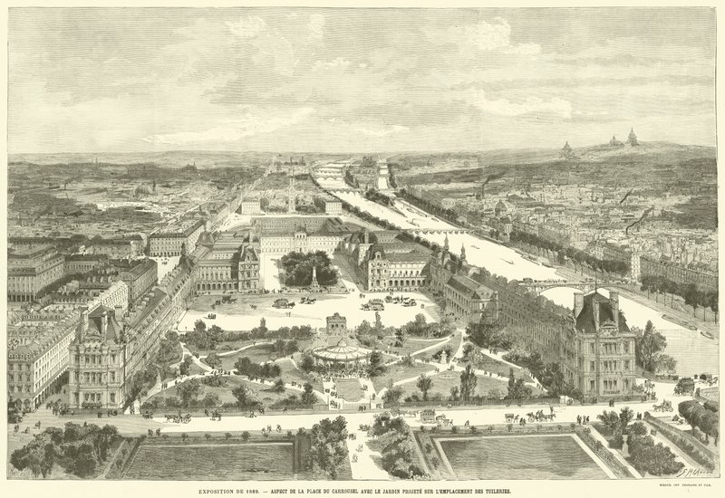 Utstilling fra 1889, Aspekt av Place du Carrousel med den anslåtte hagen på Tuileriene (gravering) av French School