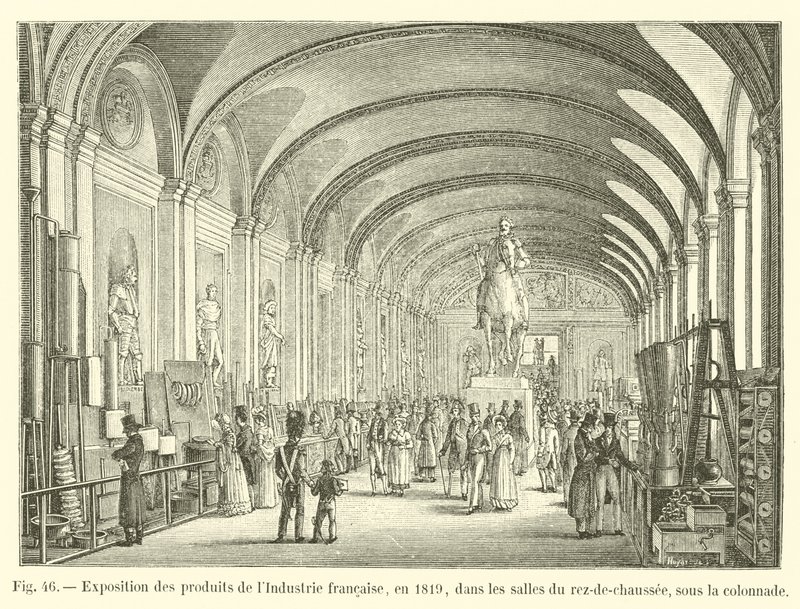 Utstilling av produkter fra fransk industri, i 1819, i rommene i første etasje, under søylegangen av French School