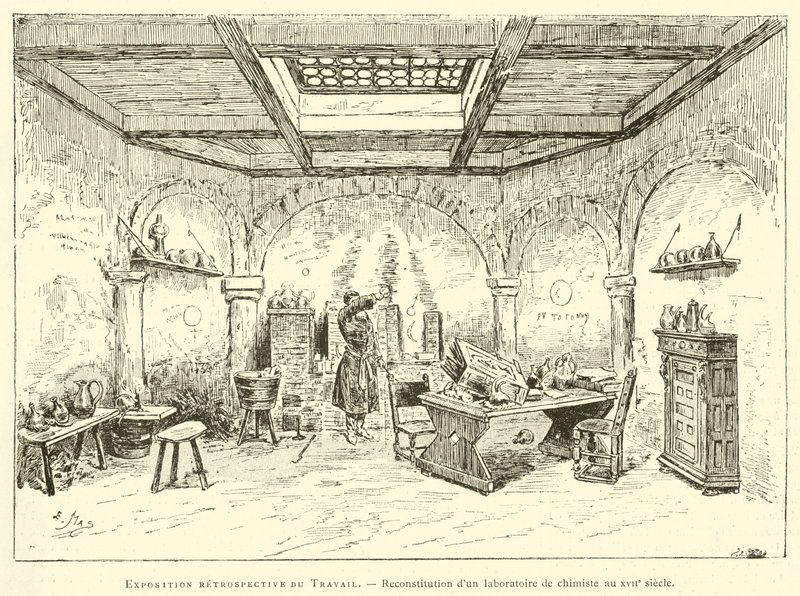 Retrospektiv utstilling av Labor, rekonstruksjon av et kjemikers laboratorium på 1600-tallet (gravering) av French School