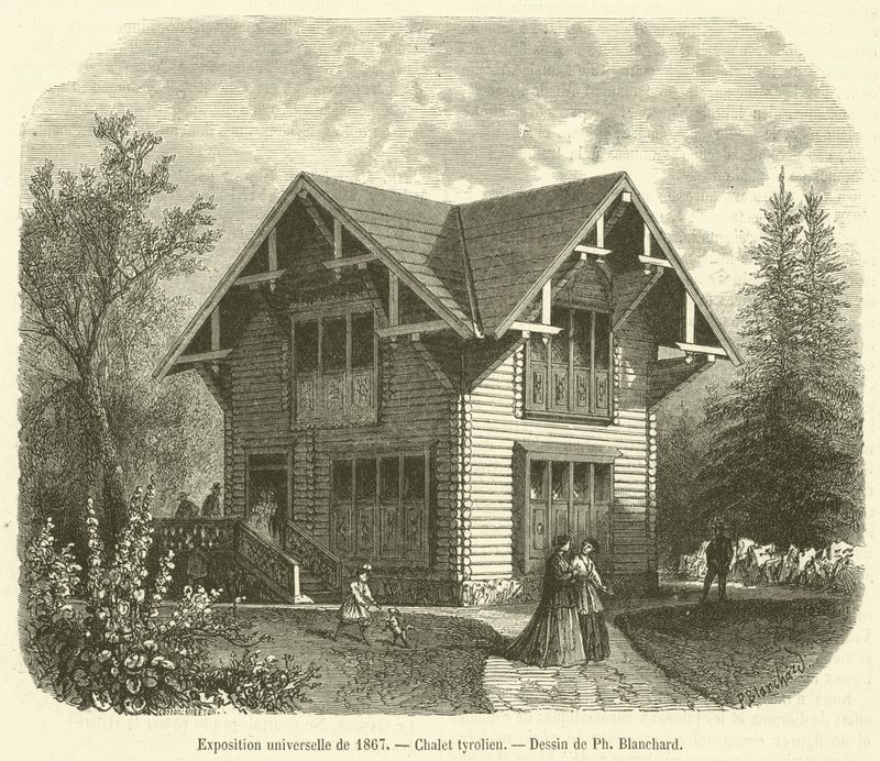 Universell utstilling fra 1867, tyrolsk hytte (gravering) av French School