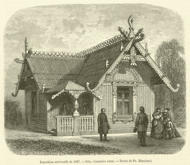 Universell utstilling fra 1867, Isba, russisk hytte (gravering) av French School
