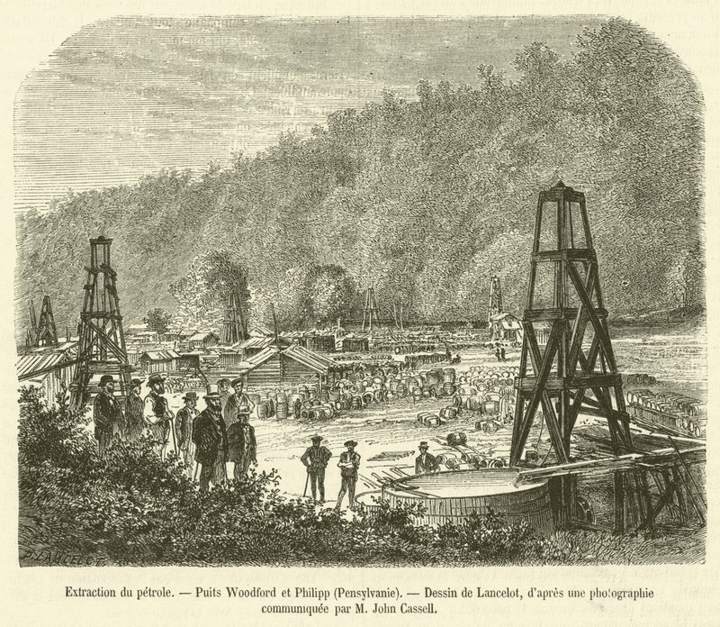 Oljeutvinning, Woodford og Philipp Wells, Pennsylvania (gravering) av French School