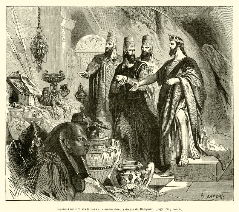 Hiskia viser skattene sine til ambassadørene til kongen av Babylon (gravering) av French School