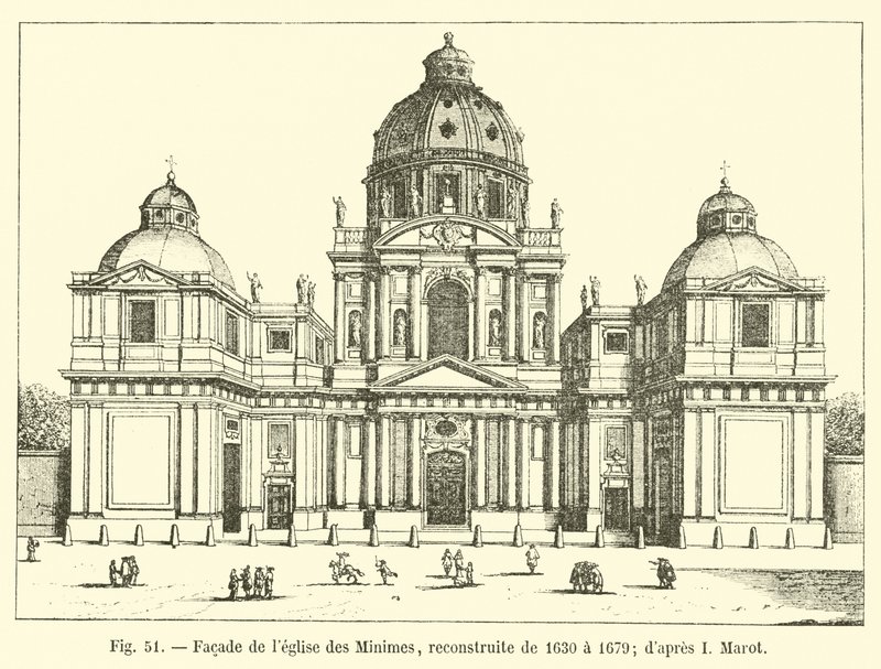 Fasade til Minimes-kirken, gjenoppbygd fra 1630 til 1679; etter jeg Marot av French School