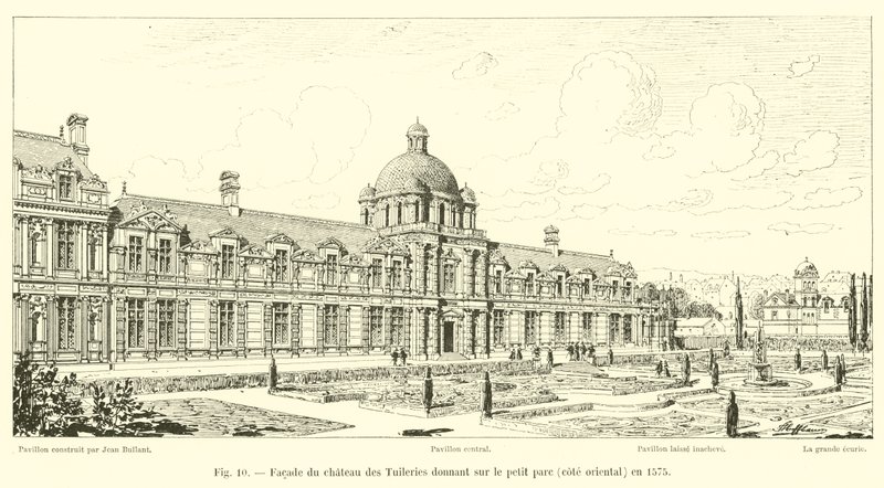 Fasade av Chateau des Tuileries med utsikt over den lille parken, østsiden, i 1575 av French School