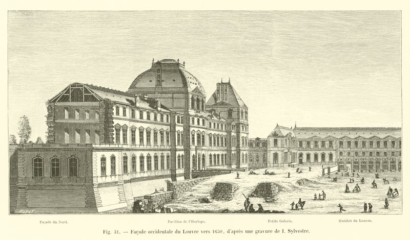 Vestlig fasade av Louvre rundt 1650, etter en gravering av I Sylvestre av French School