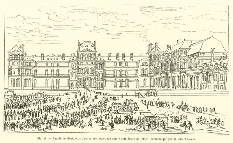Vestlig fasade av Louvre rundt 1660, faksimile av en tegning fra tiden, formidlet av M Albert Lenoir av French School