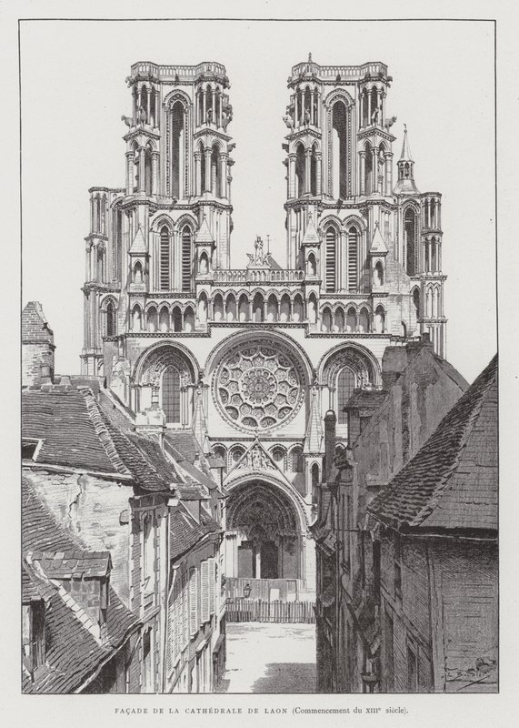 Fasade til Laon katedral, tidlig på 1200-tallet (litho) av French School