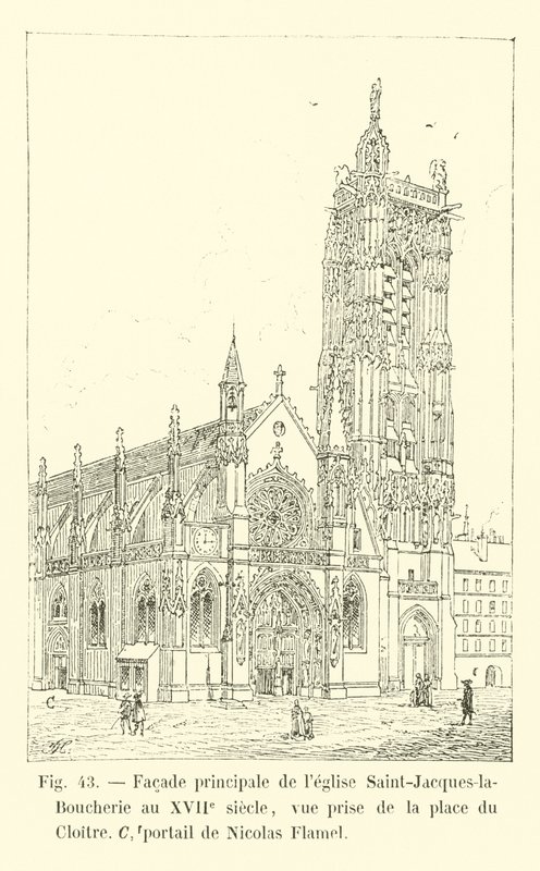 Hovedfasade av kirken Saint-Jacques-la-Boucherie på 1600-tallet, utsikt tatt fra Place du Cloitre, portal av Nicolas Flamel av French School