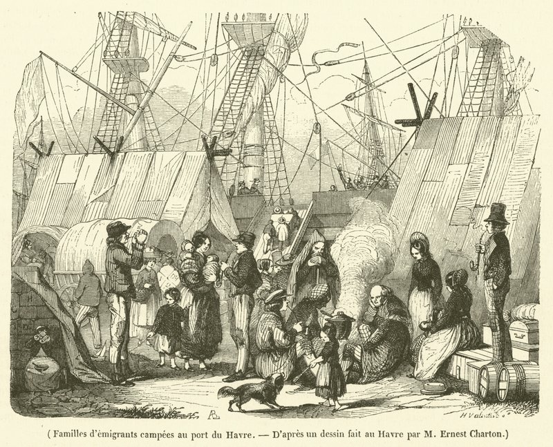 Familier av emigranter slo leir ved havnen i Le Havre (gravering) av French School