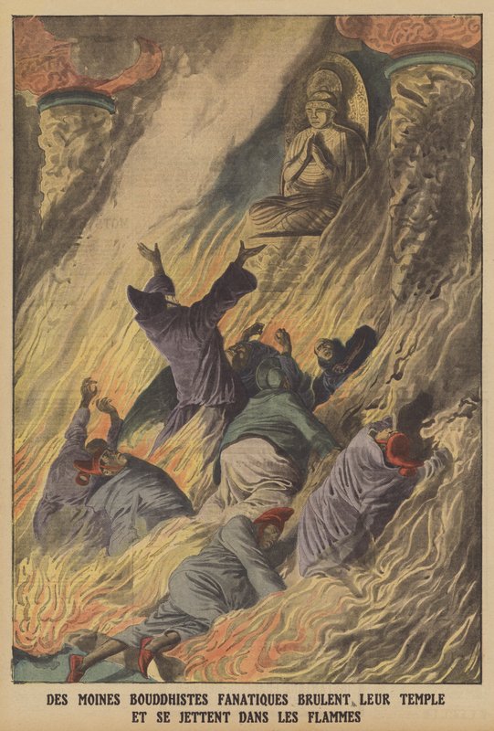 Fanatiske buddhistiske munker som brenner templet sitt og kaster seg inn i flammene på øya Formosa (farge litho) av French School