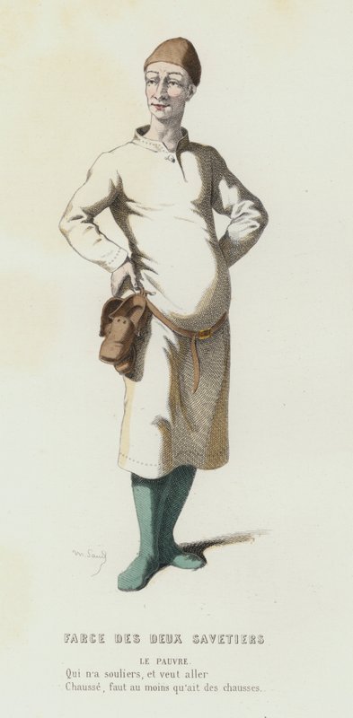 Farce Des Deux Savetiers (farget gravering) av French School