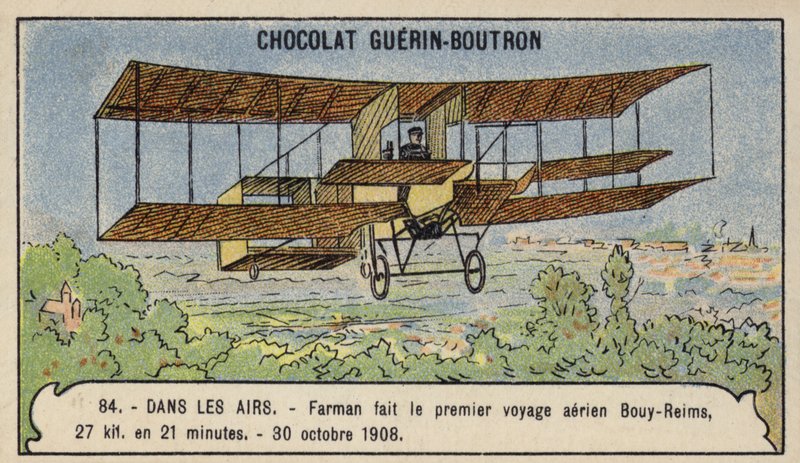 Farman foretok den første langrennsflyet i Europa, fra Bouy til Reims, Frankrike, 30. oktober 1908 (chromolitho) av French School