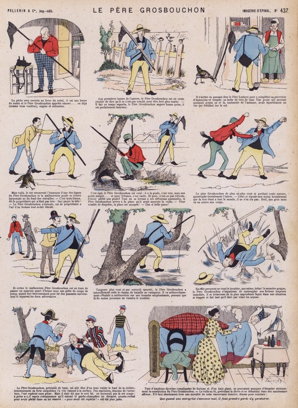 Far Grosbouchons skjebnesvangre fisketur (farge litho) av French School