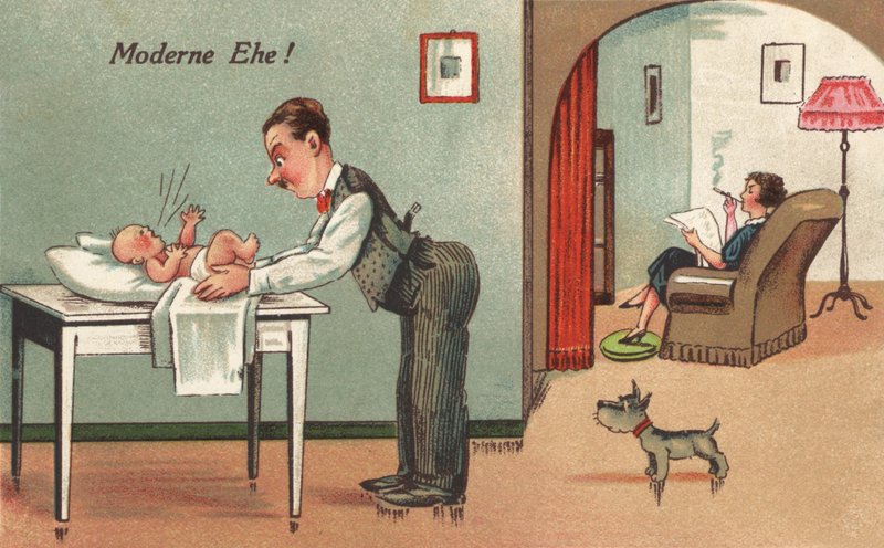 Far skifter baby (farge litho) av French School