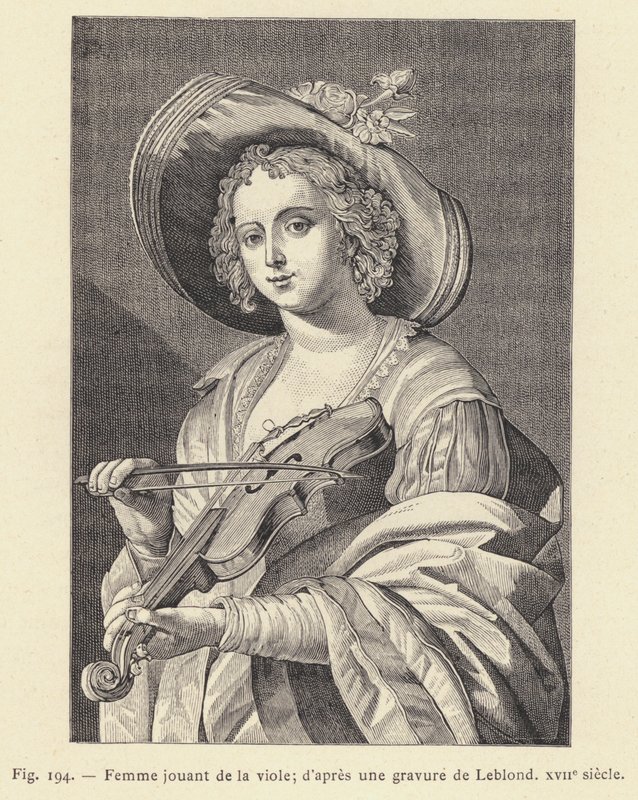Kvinne som spiller fiol, etter en gravering av Leblond, 1600-tallet (gravering) av French School