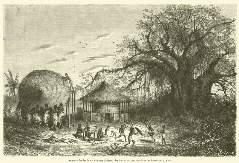 Kvinner fra bredden av Zambese-bygghyttene, Barneleker (gravering) av French School
