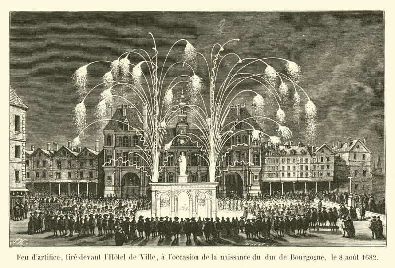 Fyrverkeri, avfyrt foran rådhuset, i anledning fødselen til hertugen av Burgund, 8. august 1682 av French School