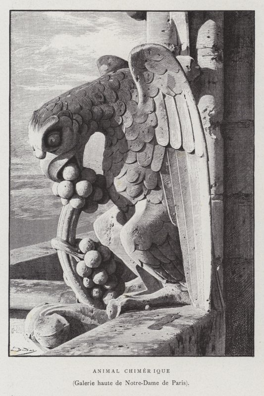 Figur av et kimærisk dyr, fra det øvre galleriet i Notre Dame de Paris (litho) av French School