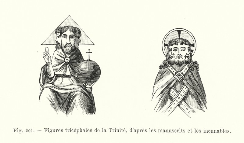 Trehodede figurer av treenigheten, fra manuskripter og inkunabler (gravering) av French School