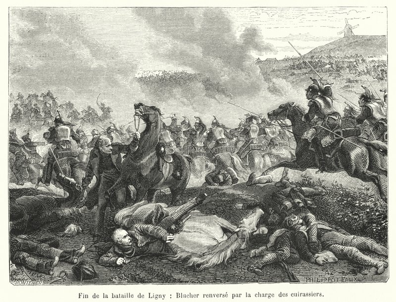 Slutten av slaget ved Ligny, Blucher styrtet av anklagen fra cuirassiers (gravering) av French School
