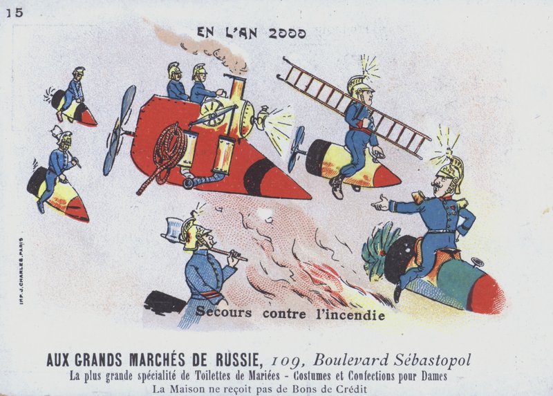 Brannslukking i år 2000 (farge litho) av French School