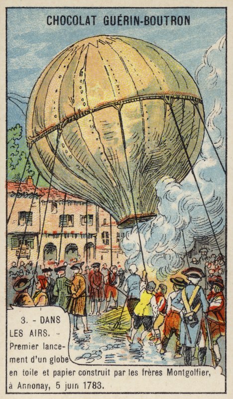 Første oppskyting av en luftballong av Montgolfier Brothers, Annonay, Frankrike, 5. juni 1783 (chromolitho) av French School
