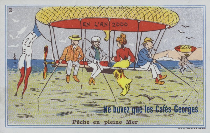 Fiske med ballong (farge litho) av French School
