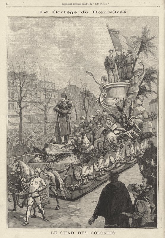 Float of the Colonies i Boeuf Gras karnevalsprosesjon, Paris, Frankrike (gravering) av French School