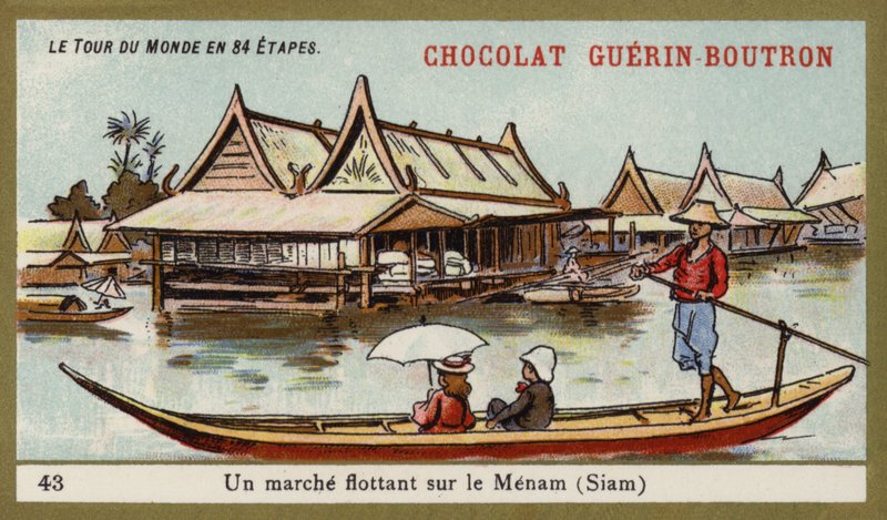 Flytende marked ved elven Menam, Siam (chromolitho) av French School