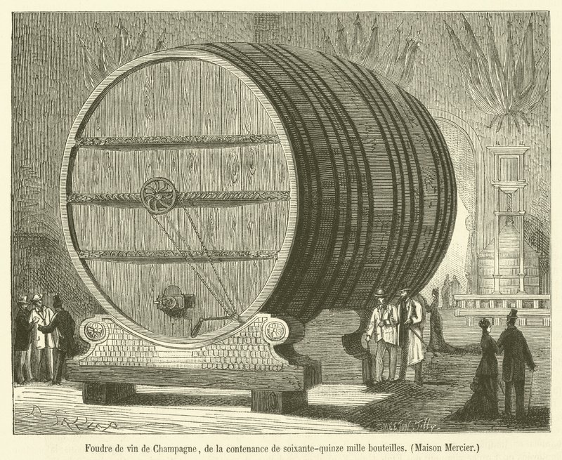 Foudre av Champagne-vin, med kapasitet på syttifem tusen flasker, Maison Mercier (gravering) av French School
