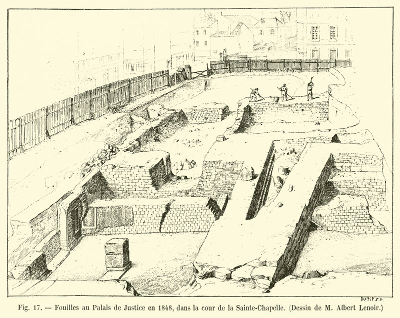 Utgravninger ved Palais de Justice i 1848, i gårdsplassen til Sainte-Chapelle, tegning av M Albert Lenoir av French School