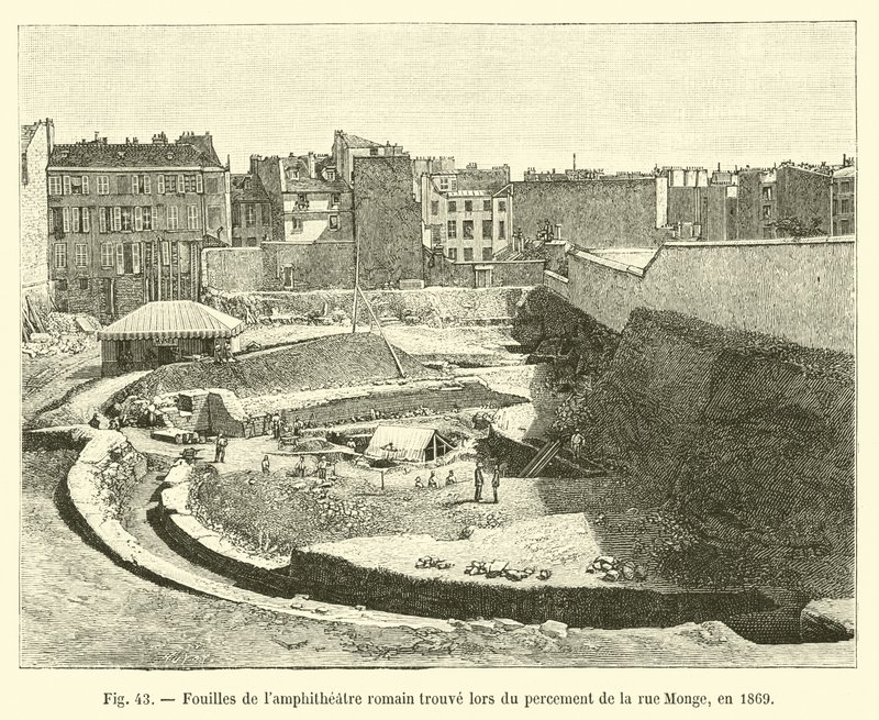 Utgravninger av et romersk lampeteater funnet under gravingen av rue Monge, i 1869 av French School
