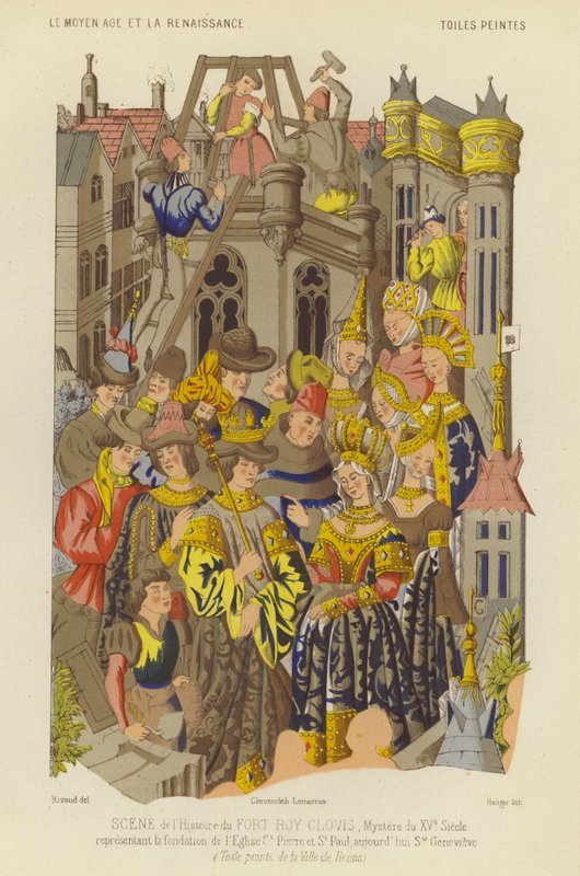 Stiftelsen av klosteret St Genevieve, Paris, under regjeringen til Clovis, kongen av frankerne (chromolitho) av French School